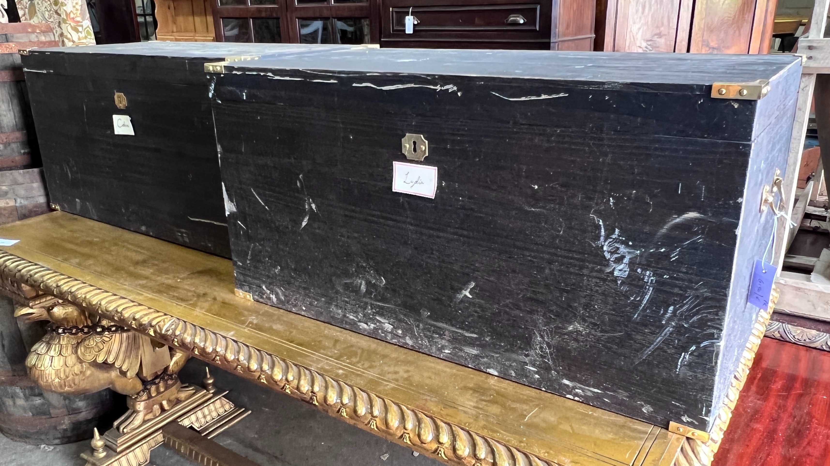 A pair of brass mounted rectangular wood trunks, length 90cm, depth 45cm, height 46cm